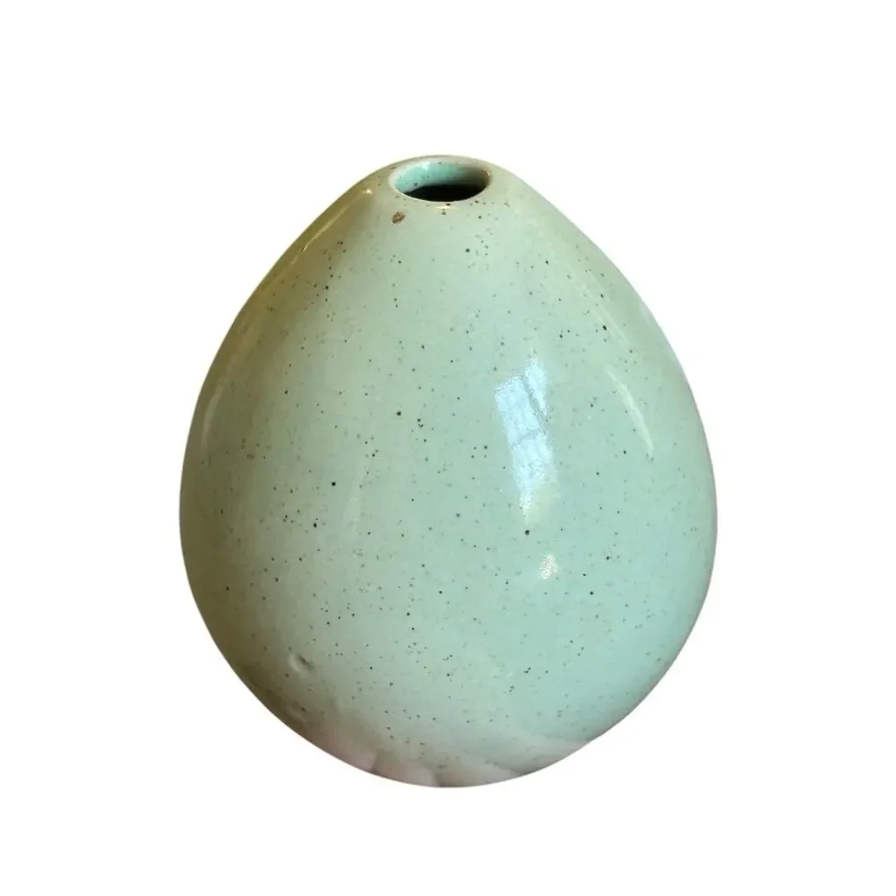 Vintage Mint Green Speckled Ceramic Bud Vase Art Pottery Egg Shape 4.5”